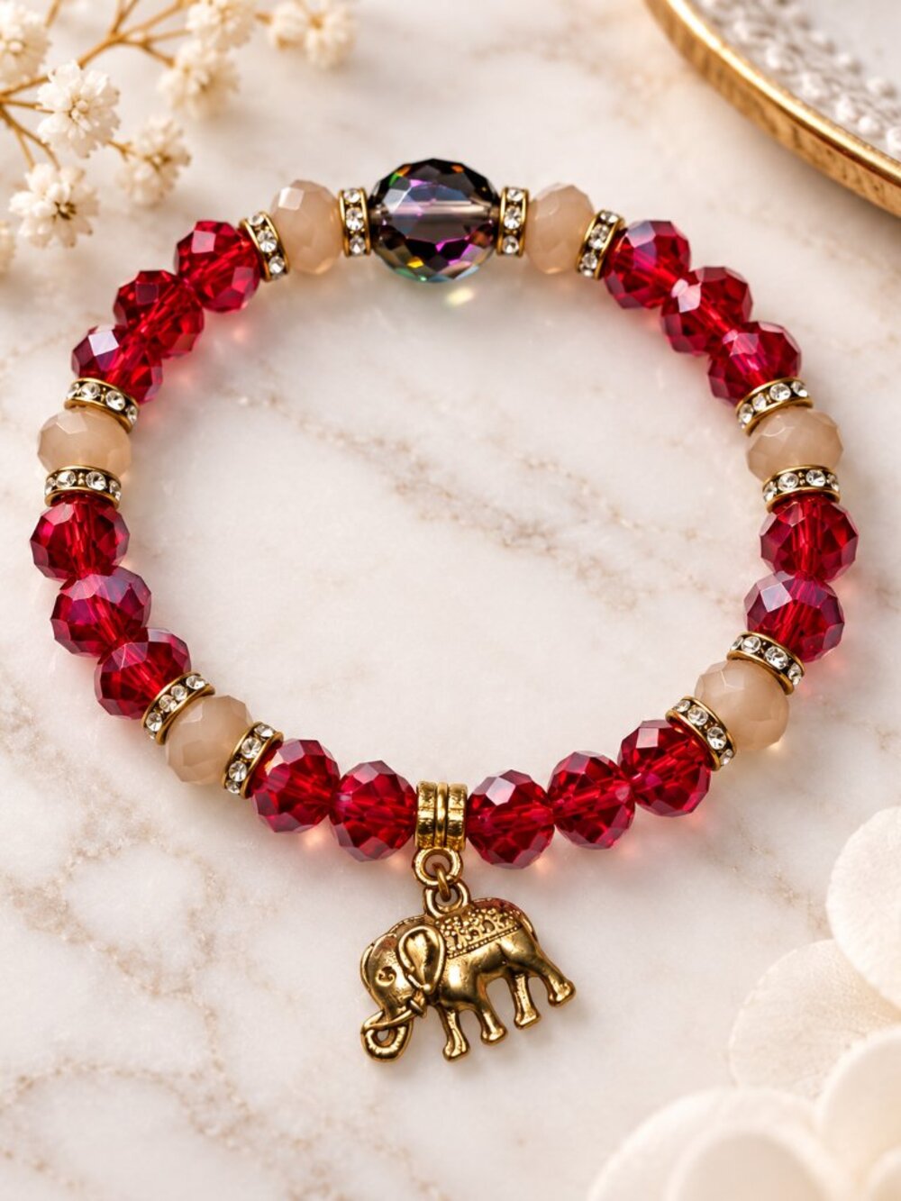 Red Faceted Beaded Stretch Bracelet Gold Tone Elephant Charm